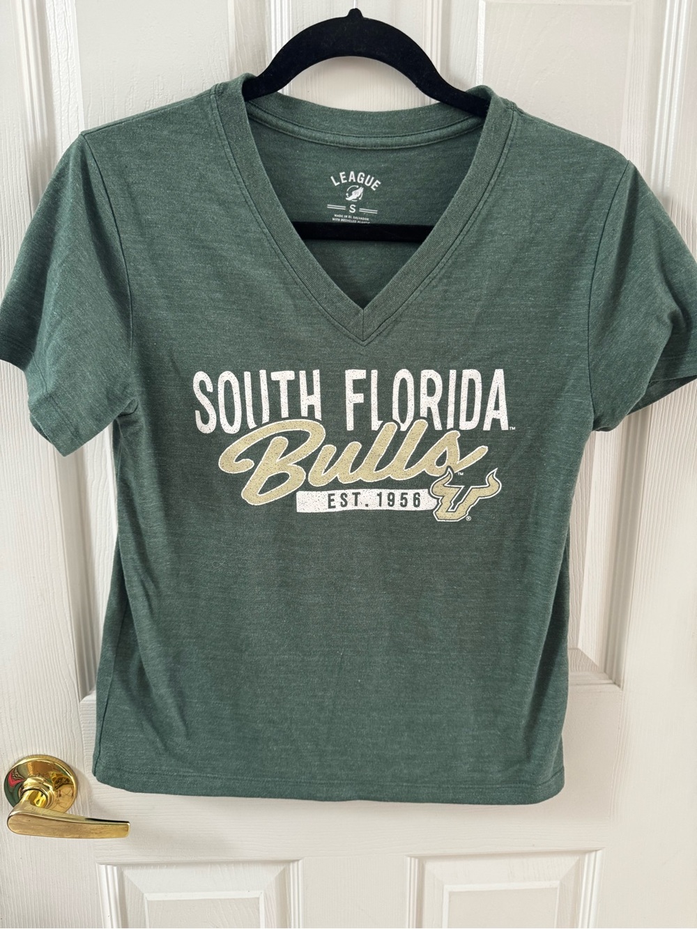League South Florida Bulls V‑Neck Tee in Dark Green with White & Gold Logo